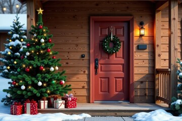 Fototapeta premium Wooden Christmas door with fir tree and mittens on the porch, wooden, door
