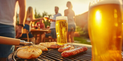 Obraz premium Eine Gruppe von Leuten grillt in ihrem Garten – eine glückliche Familie ist gemeinsam. Grillen, Familienleben, Essen,Barbeque, Steak