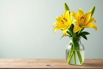 Yellow lily stems and leaves in a glass vase on a wooden table, lilies, vase, yellow