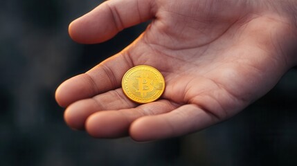 Close-Up of Hand Holding Gold Coin with Symbolic Design for Financial Themes