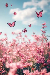 Pink flower field with butterflies