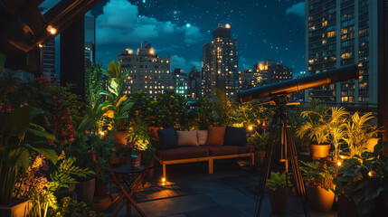 Stargazing evening on a rooftop oasis city skyline nature photography urban garden night view serenity and exploration
