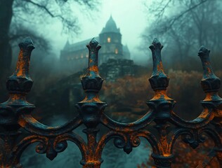 Spooky Iron fence in focus with diffuse background of a dark castle.