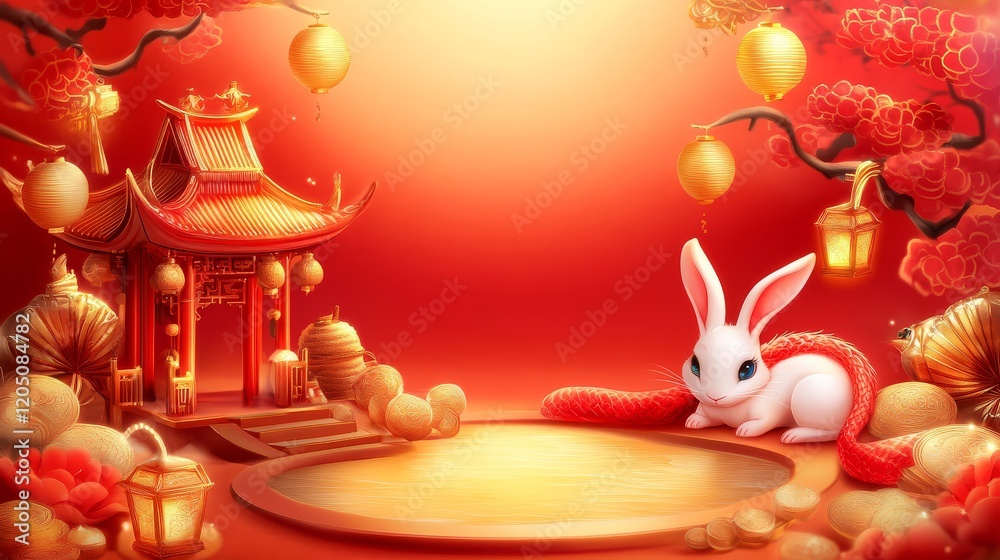 Wall mural A vibrant, festive scene featuring a cute rabbit near a traditional structure, decorated with lanterns and flowers, symbolizing celebration and prosperity.