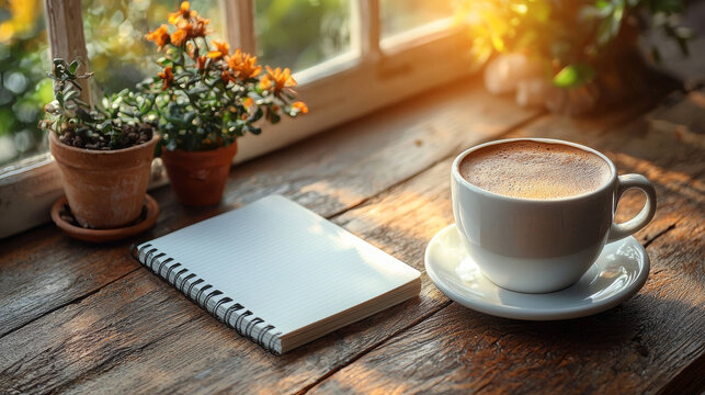 Morning coffee ritual cozy home setting beverage and note-taking bright natural lighting intimate close-up view capturing tranquility and inspiration