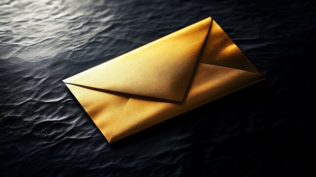A beautifully detailed golden envelope with a satin finish resting on a dark black backdrop capturing an aura of sophistication and class