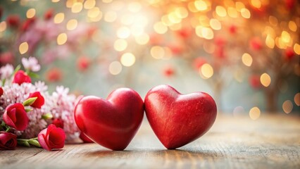 Obraz premium Two red hearts united with a subtle floral background and soft focus effect, nature, blossoming, nature, blossoming