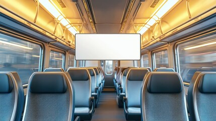 Naklejka premium Blank ad blends into train interior, smooth design contrasts active commuters.