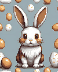 8-bit pixel Easter bunny. Animals for game resources and cross stitch patterns. Illustration with white and brown rabbit for the holiday