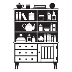 Silhouette of a Vintage Display Cabinet with Shelving and Drawers