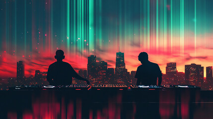 Vibrant DJ performance at sunset over a bustling city skyline creates an electrifying atmosphere