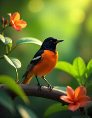 Fototapeta premium Close-Up of a Baltimore Oriole with Bright Plumage Against Greenery