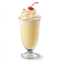 A creamy pina colada in a tall glass, topped with whipped cream and a maraschino cherry, capturing the indulgent and tropical essence of the drink