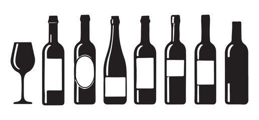 Wine Bottles and Glass Silhouette Vector Illustration