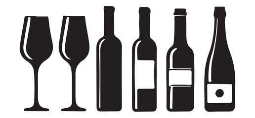 Wine Glasses and Bottles Silhouette Set Illustration