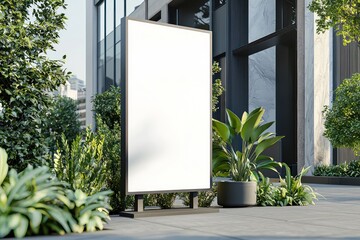 Greenery and a blank vertical display on a street stand in a peaceful urban setting.