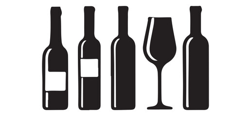 Elegant Wine Bottles and Glass Silhouette Set Illustration