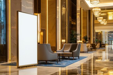 Promotional stand in refined hotel, ambient lighting adds richness to sleek decor.