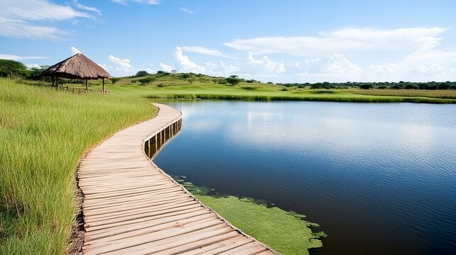 Scenic lakeside boardwalk amidst lush greenery and clear blue skies