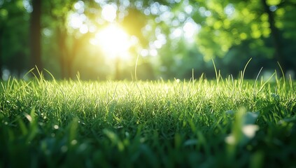 Naklejka premium Lush green grass creating a soft blurred background for natural serenity.