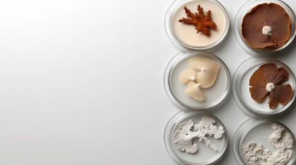 Close-up View of Petri Dishes Containing Various Mushroom Samples and Fungi Isolates on a Minimalistic Background for Scientific and Educational Purposes