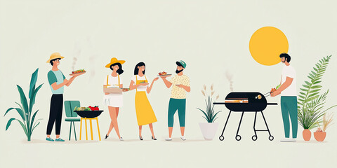 Eine Gruppe von Leuten grillt in ihrem Garten – eine glückliche Familie ist gemeinsam. Grillen, Familienleben, Essen,Barbeque, Steak