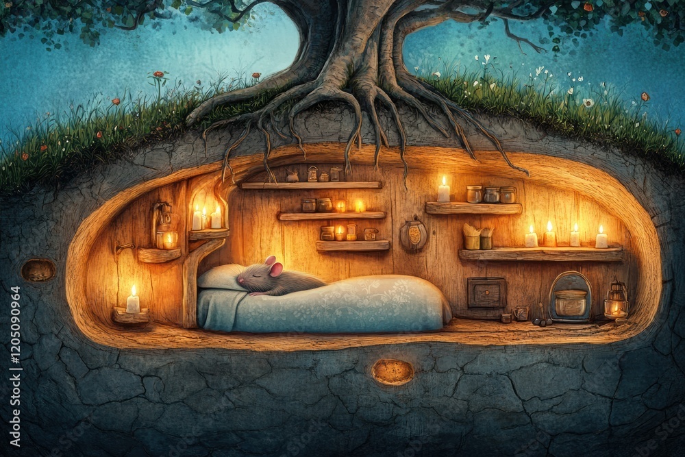 Poster cozy underground bedroom with warm lighting nestled beneath a large tree in a serene nature setting.