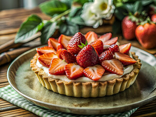 Delicious Pastry with strawberries on a wooden table. Tasty Food background