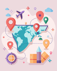 AI Generated flat vector map with location pins, planes, and travel icons in soft pastel colors.