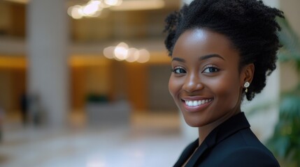 Obraz premium Woman in black jacket in lobby
