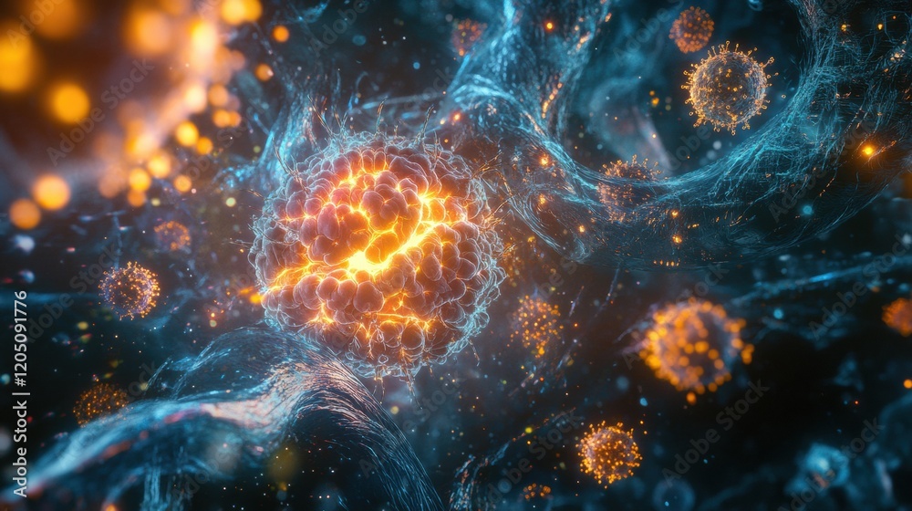 Aufkleber Intricate visualization of cellular structures with luminous elements in a vibrant scientific exploration. Generative AI