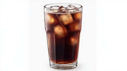 Refreshing glass of cola with ice cubes on a white background