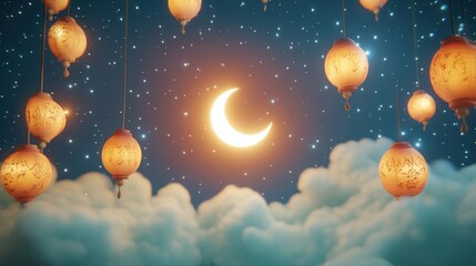 Fototapeta premium Illuminated Lanterns Hanging Above Clouds Under Crescent Moon