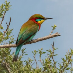 Obraz premium A brightly colored bee-eater on a small branch, side-view, high-quality DSLR capture, blurred soft sky, full body visible.