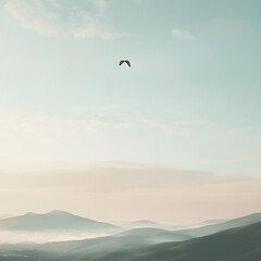 wide shot of a kite flying high above a mountain range, with soft clouds and an expansive sky in the background