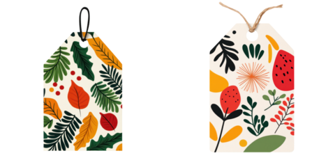 Colorful gift tags featuring festive floral designs and vibrant patterns. Perfect for adding cheerful touch to any present