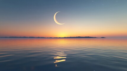 Serene Sunset Silhouette With Crescent Moon Over Calm Water