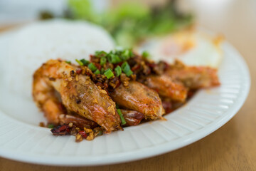 Stir fried shrimp with garlic and chili served together with steamed rice and find egg on white plate