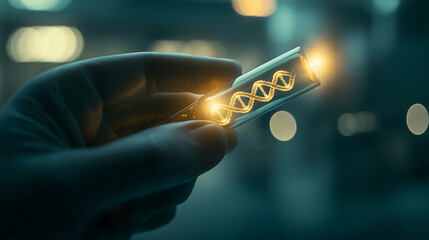 A hand holds a glowing, futuristic device resembling a DNA strand, illuminated against a blurred background, suggesting advanced technology.