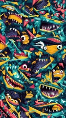 Seamless bright abstract geometric background with monsters, vector