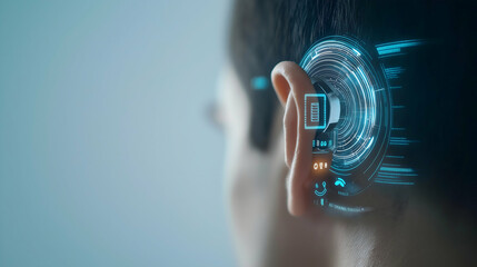The image depicts a person's ear with a digital interface, suggesting advanced technology related to hearing or communication.