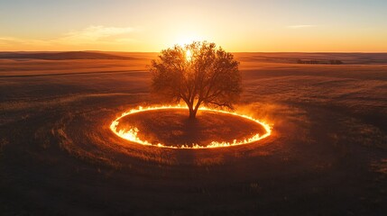 A glowing ring of fire encircling a solitary tree in a vast field at sunset, casting long shadows