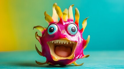 A dragon fruit with quirky cartoon eyes and a playful grin on a vibrant background