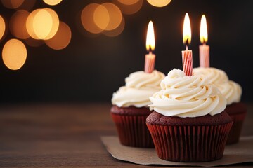 Festive Red Velvet Cupcakes with Creamy Frosting and Colorful Candles Perfect for Celebrations, Birthdays, and Special Occasions with Warm Bokeh Background