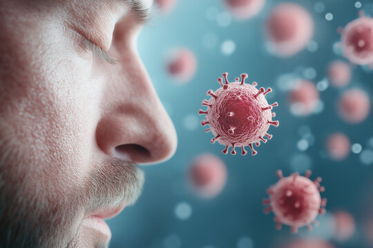  Allergy sufferer surrounded by microscopic bacteria shown in vivid detail, space for text