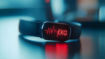 A sleek fitness tracker displaying an EKG waveform in vibrant red, showcasing its health monitoring capabilities.