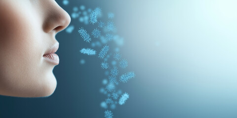 Allergens and bacteria swirling near the nose, visualizing potential triggers, space for text