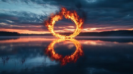 A ring of fire above a tranquil lake at dawn, the flames and reflections creating a serene scene