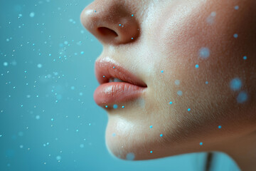 Close-up of a nose, with tiny blue bacteria falling from the air onto a light blue background. A female model is featured.