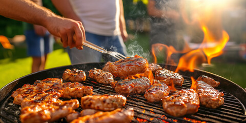 Eine Gruppe von Leuten grillt in ihrem Garten – eine glückliche Familie ist gemeinsam. Grillen, Familienleben, Essen,Barbeque, Steak